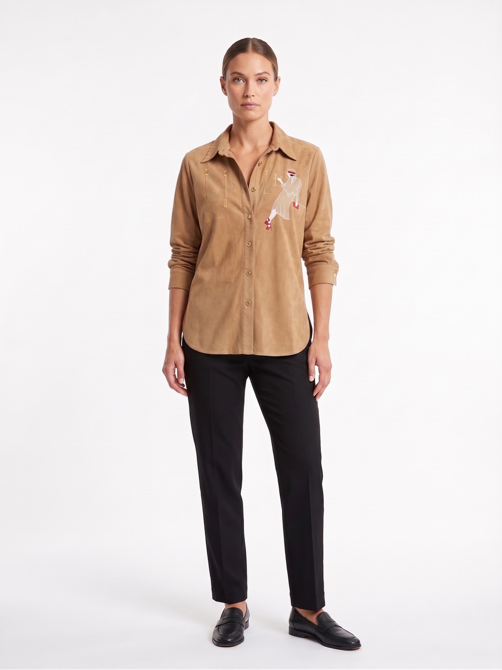 1980s Vintage Defense B’Afficher Paris Faux Suede Appliqué Button Down Shirt